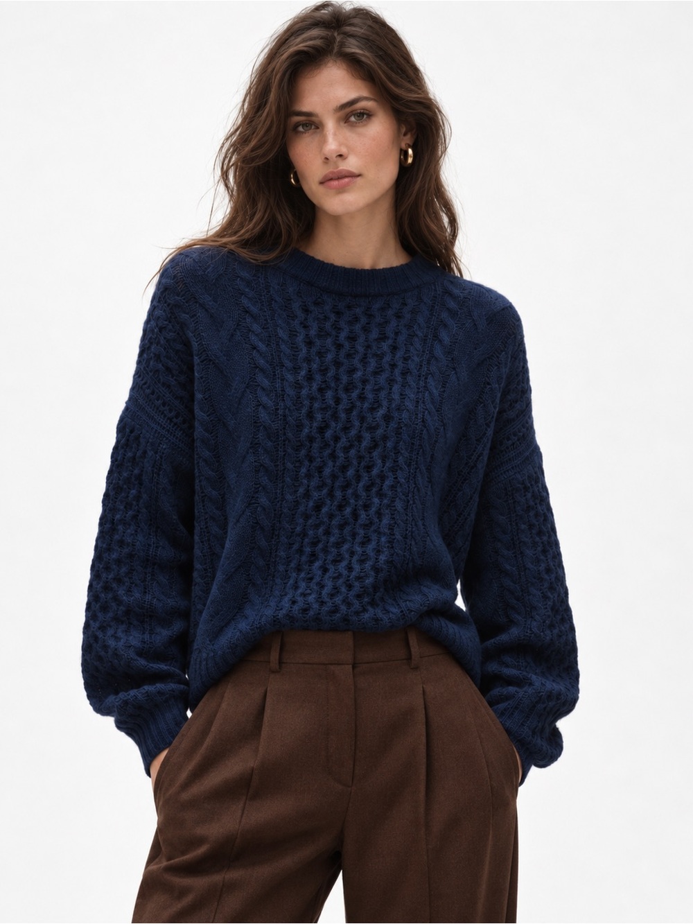 J. Crew Cashmere cable-knit blouson-sleeve sweater in Navy Blue Size Large NWT
